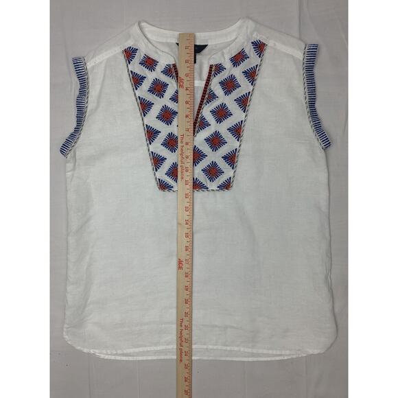 J Crew Womens White Blue Red V Neck Linen Short Sleeve Top 4 Petite - Picture 4 of 7